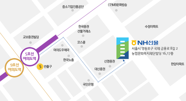 5호선 9호선 지하철 여의도역 5번 출구, 한국증권거래소에서 500m 에 위치